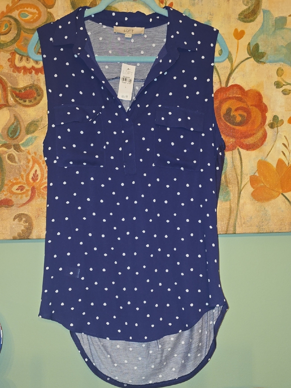 LOFT Navy Polka Dot Sleeveless Collared Tank